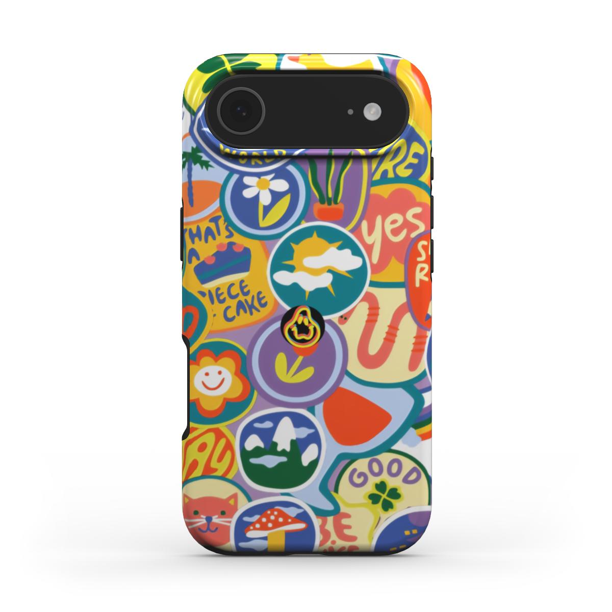 Colorful phone case with various designs on a white background